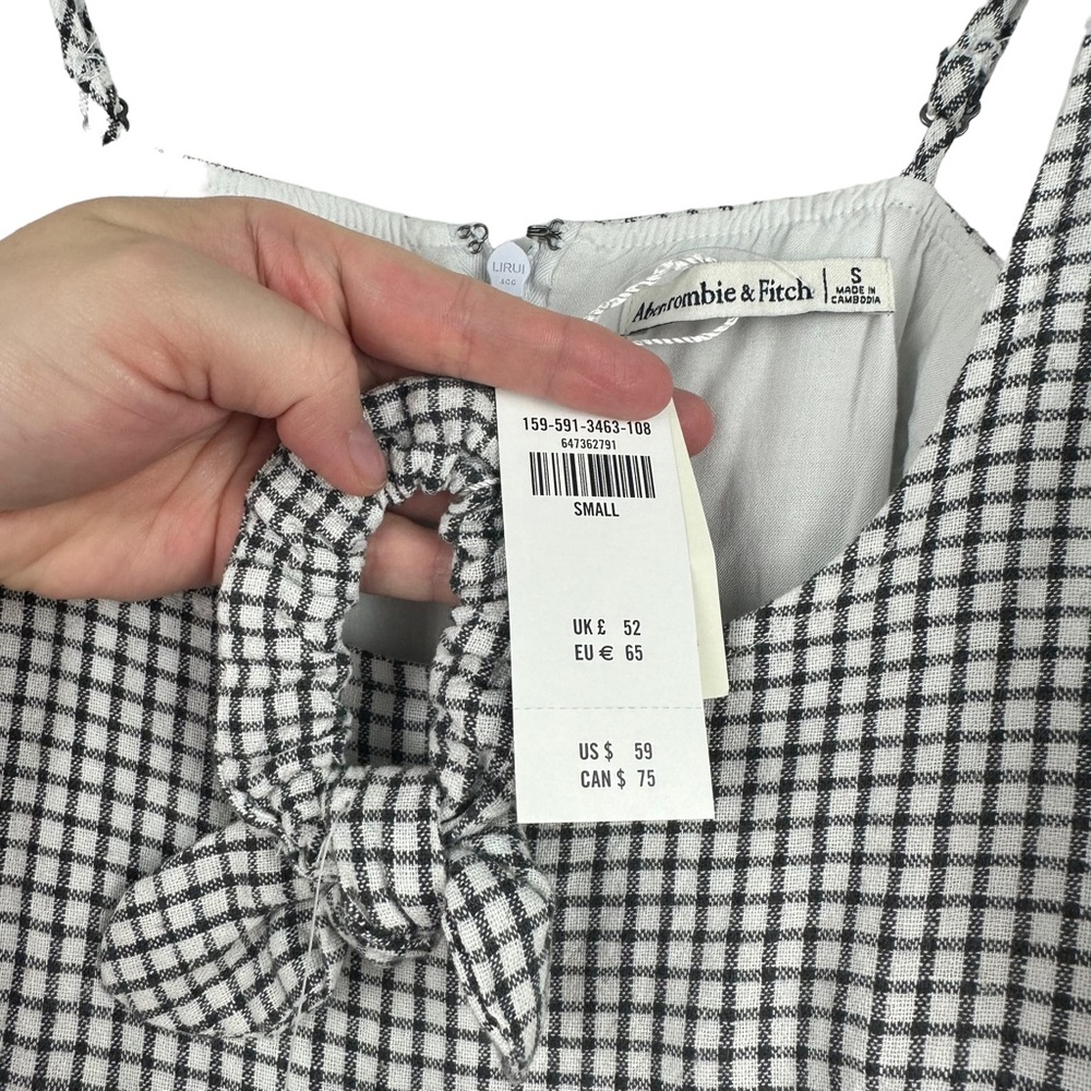 Abercrombie & Fitch Sz S Black White Check Linen Blend Mini Dress w/ Hair Tie - Picture 7 of 15